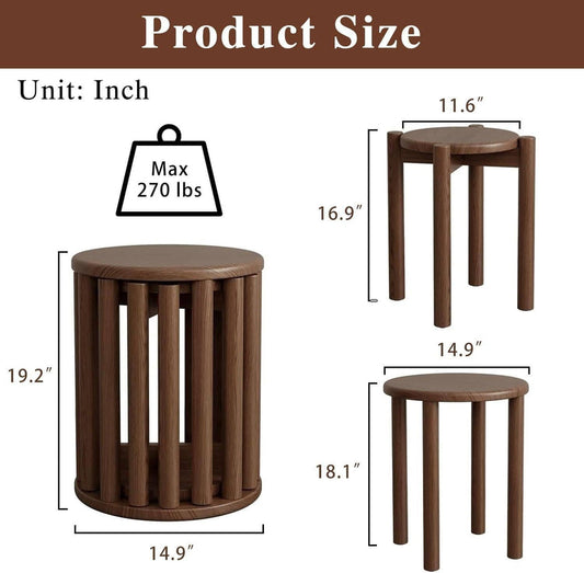 Stackable Wooden Benches Set of 4 - Walnut Round Benches